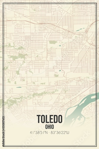 Retro US city map of Toledo  Ohio. Vintage street map.