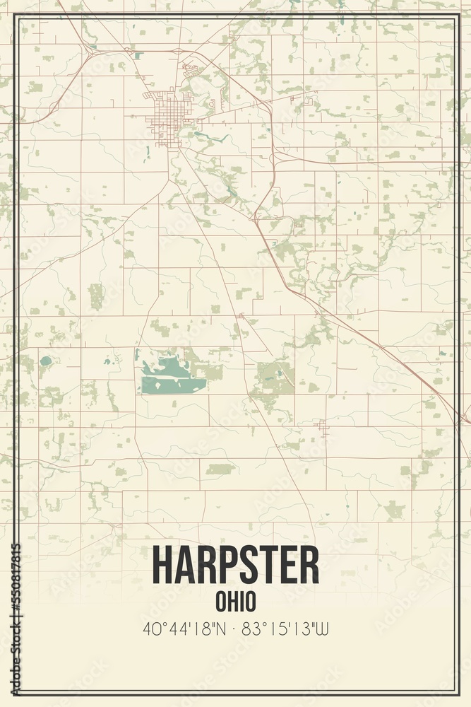 Retro US city map of Harpster, Ohio. Vintage street map. Stock