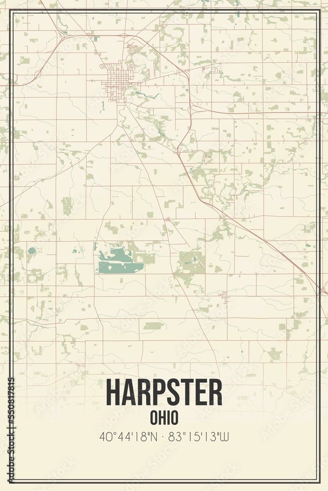Retro US city map of Harpster, Ohio. Vintage street map.