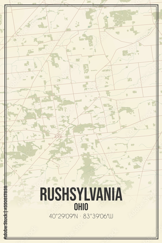 Retro US city map of Rushsylvania, Ohio. Vintage street map.