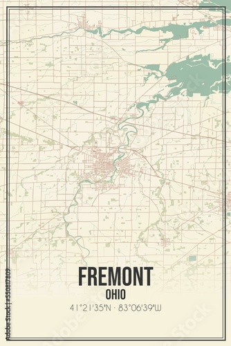 Retro US city map of Fremont, Ohio. Vintage street map.
