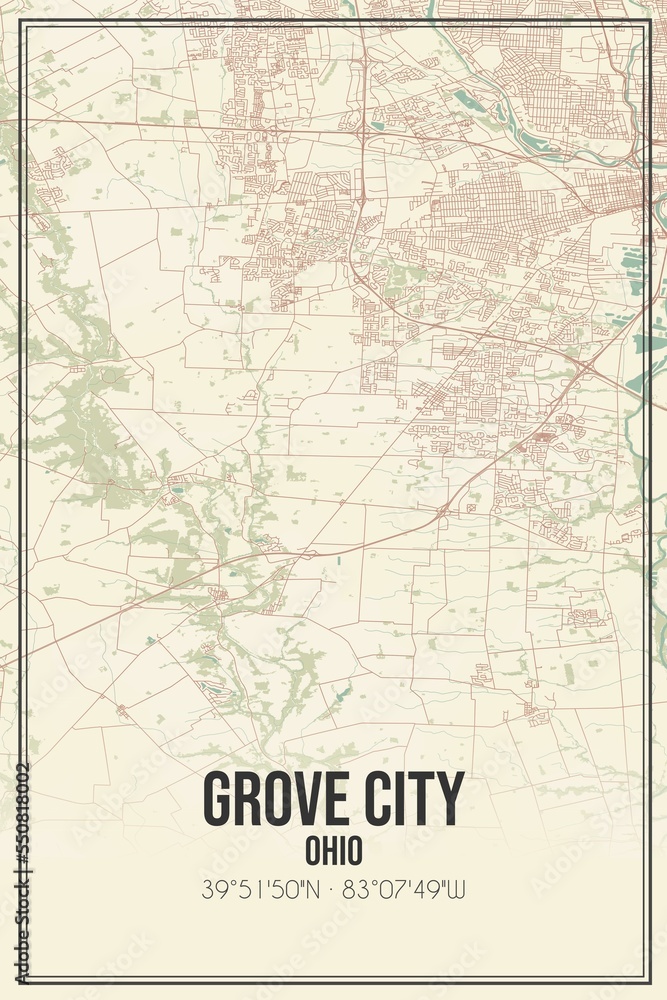 Retro US city map of Grove City, Ohio. Vintage street map.
