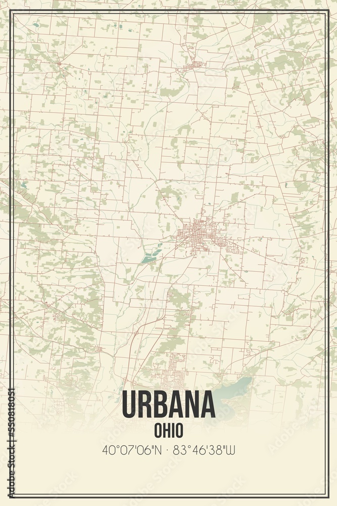 Retro US city map of Urbana, Ohio. Vintage street map.