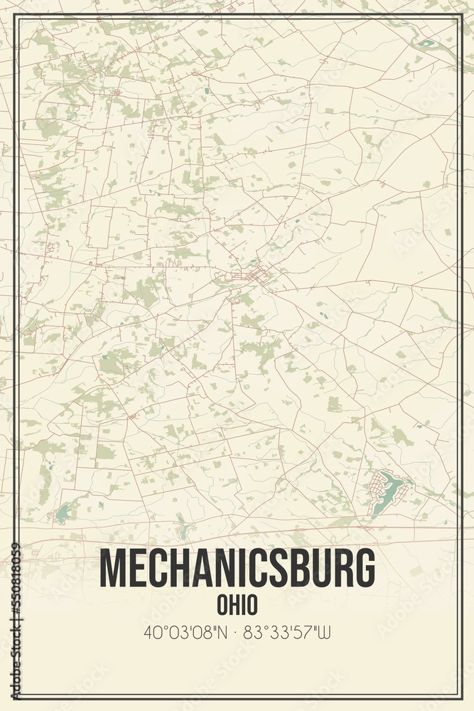 Retro US city map of Mechanicsburg, Ohio. Vintage street map.