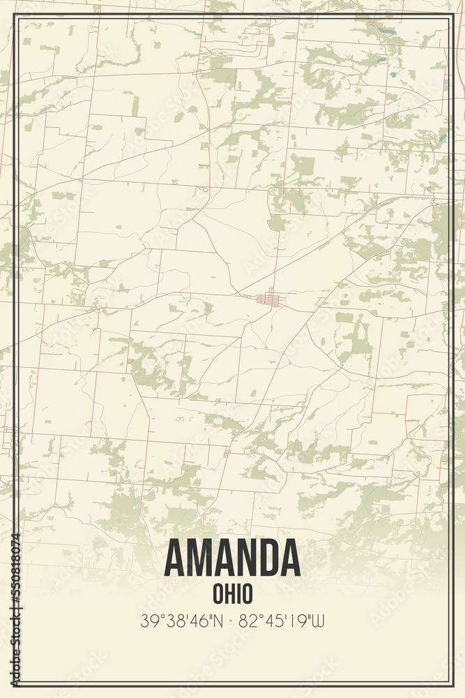 Retro US city map of Amanda, Ohio. Vintage street map.