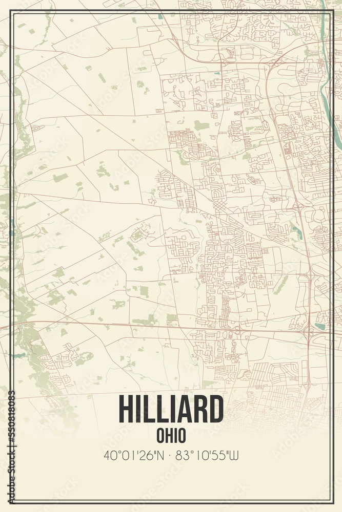 Retro US city map of Hilliard, Ohio. Vintage street map.