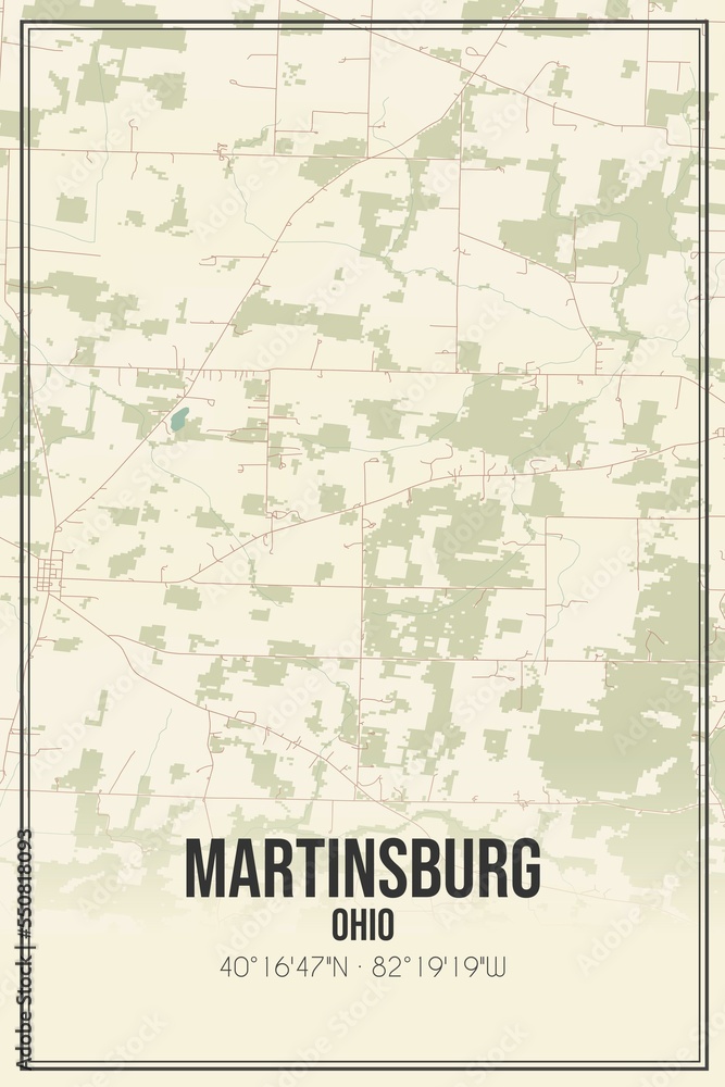 Retro US city map of Martinsburg, Ohio. Vintage street map.