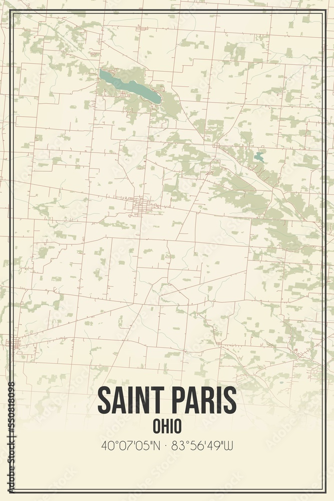 Retro US city map of Saint Paris, Ohio. Vintage street map.