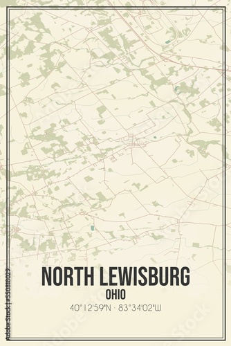 Retro US city map of North Lewisburg  Ohio. Vintage street map.