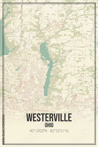 Retro US city map of Westerville, Ohio. Vintage street map. photo