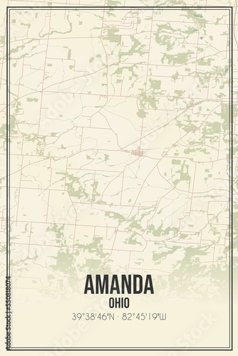 Retro US city map of Amanda, Ohio. Vintage street map.
