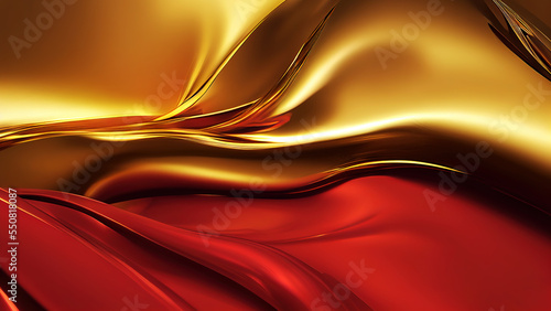 Christmas wallpaper with abstract moving glossy red and gold liquid. Background Xmas texture with wavy movements for graphic design, banner, illustration. 3D rendering