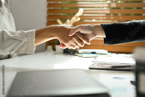 Cropped image advisor shaking hands with client after meeting in office
