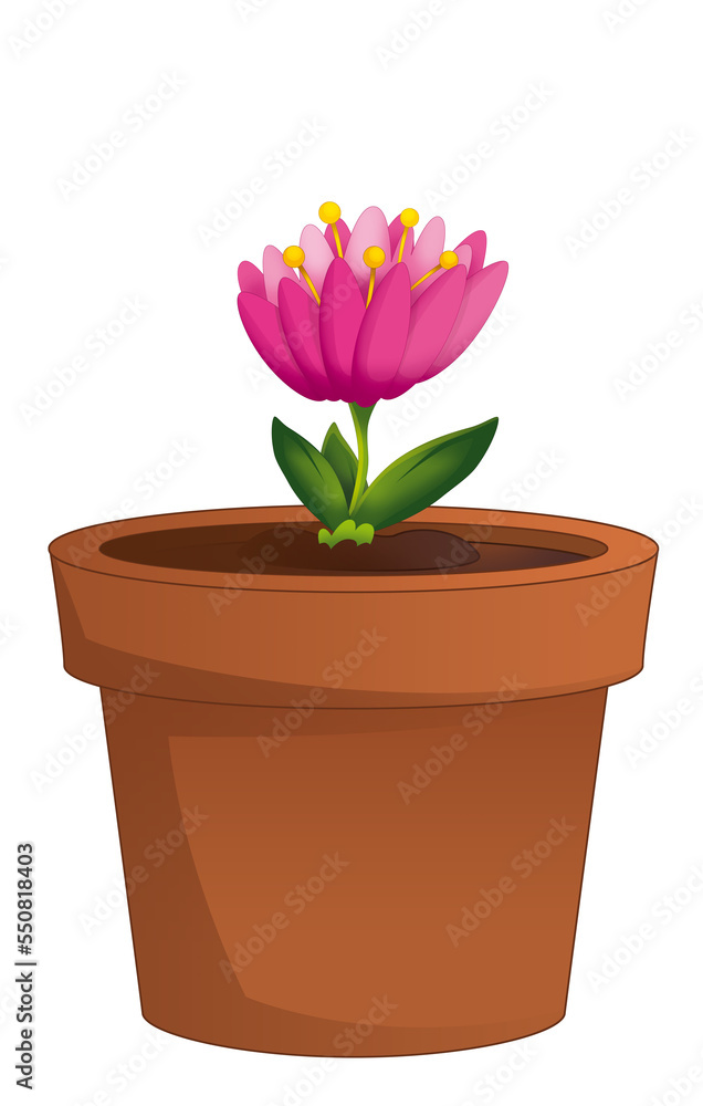 cartoon scene with clay pot with flower isolated