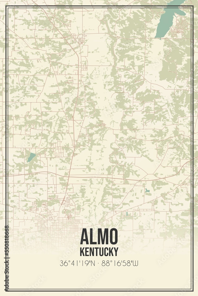 Retro US city map of Almo, Kentucky. Vintage street map.