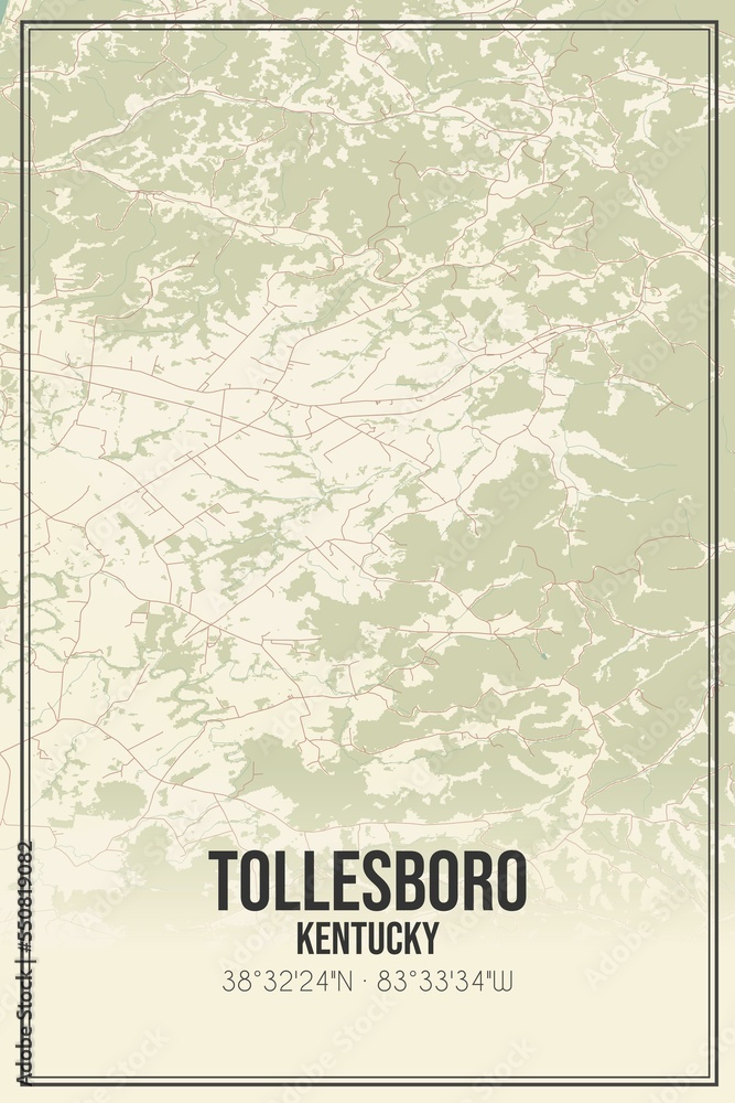 Retro US city map of Tollesboro, Kentucky. Vintage street map.