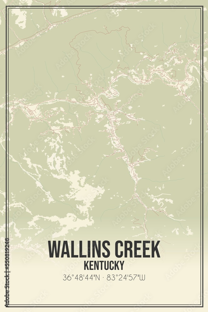 Retro US city map of Wallins Creek, Kentucky. Vintage street map. Stock