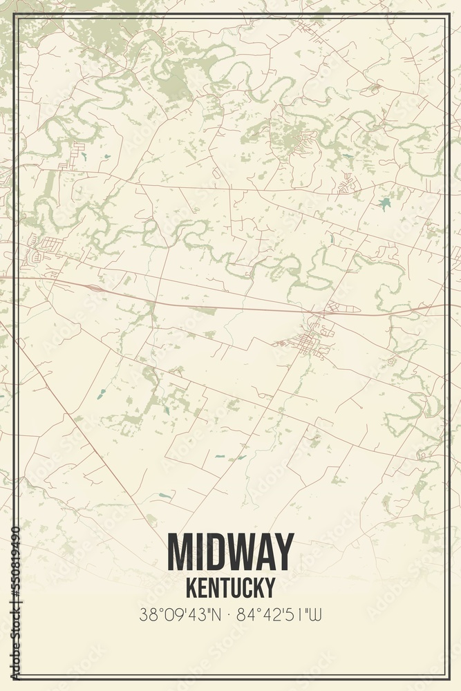 Retro US city map of Midway, Kentucky. Vintage street map.
