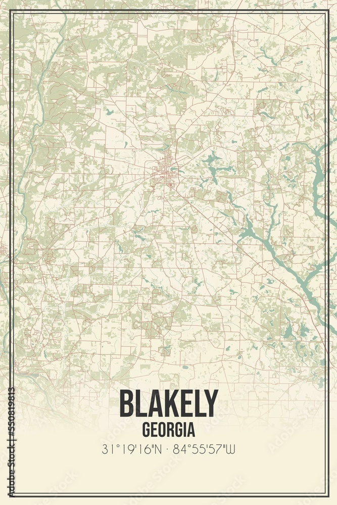 Retro US city map of Blakely, Georgia. Vintage street map.