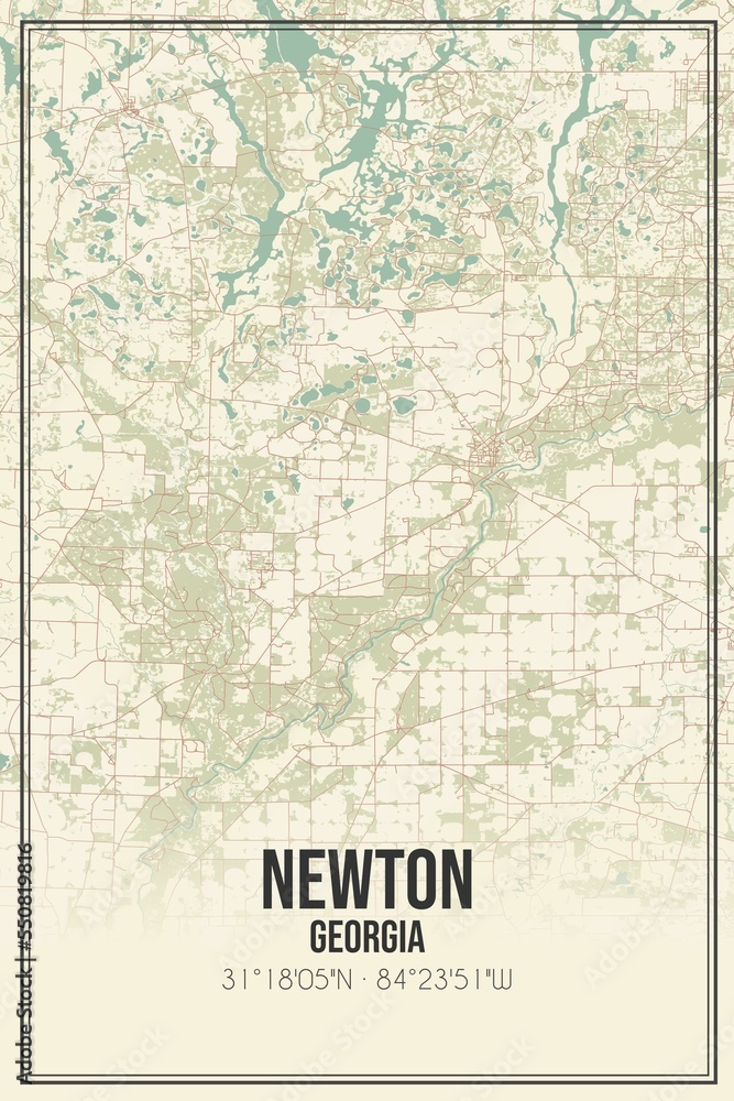 Retro US city map of Newton, Georgia. Vintage street map.