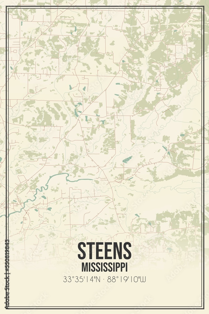 Retro US city map of Steens, Mississippi. Vintage street map.