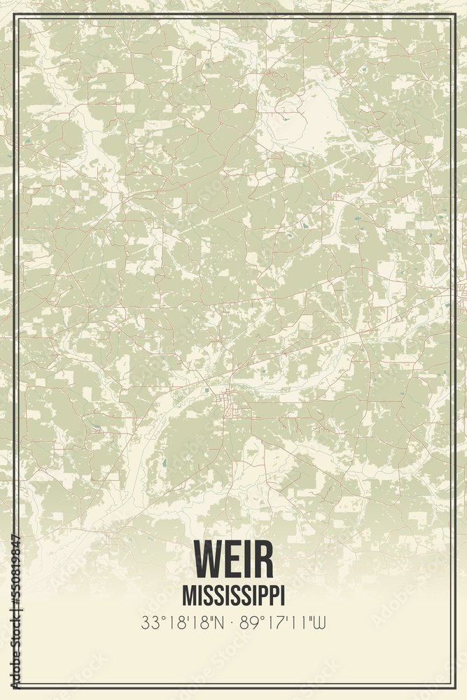 Retro US city map of Weir, Mississippi. Vintage street map.