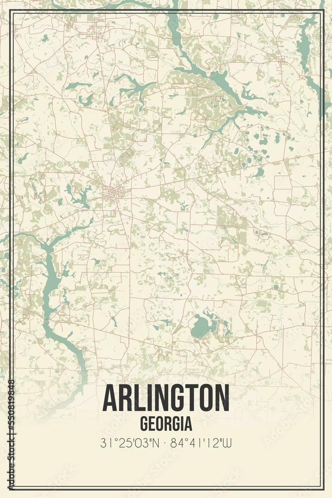Retro US city map of Arlington, Georgia. Vintage street map.