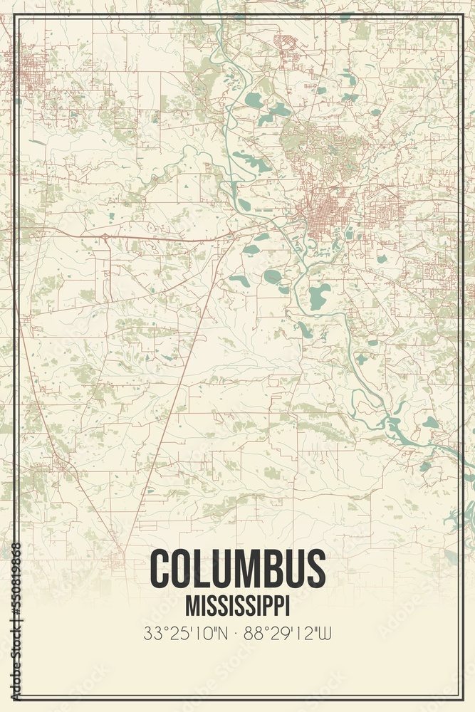 Retro US city map of Columbus, Mississippi. Vintage street map.