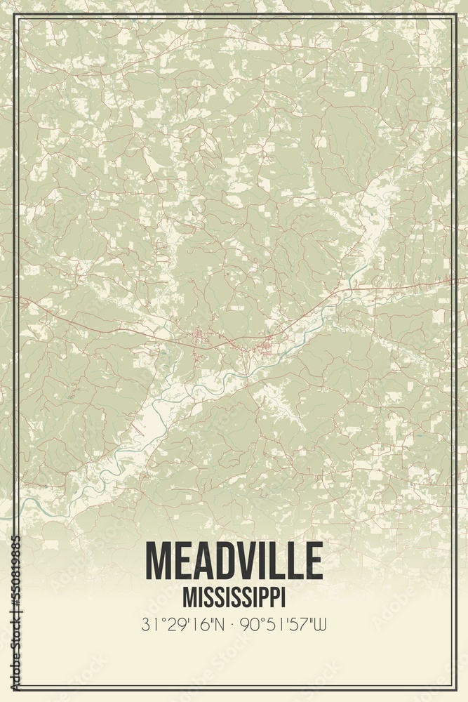 Retro US city map of Meadville, Mississippi. Vintage street map.