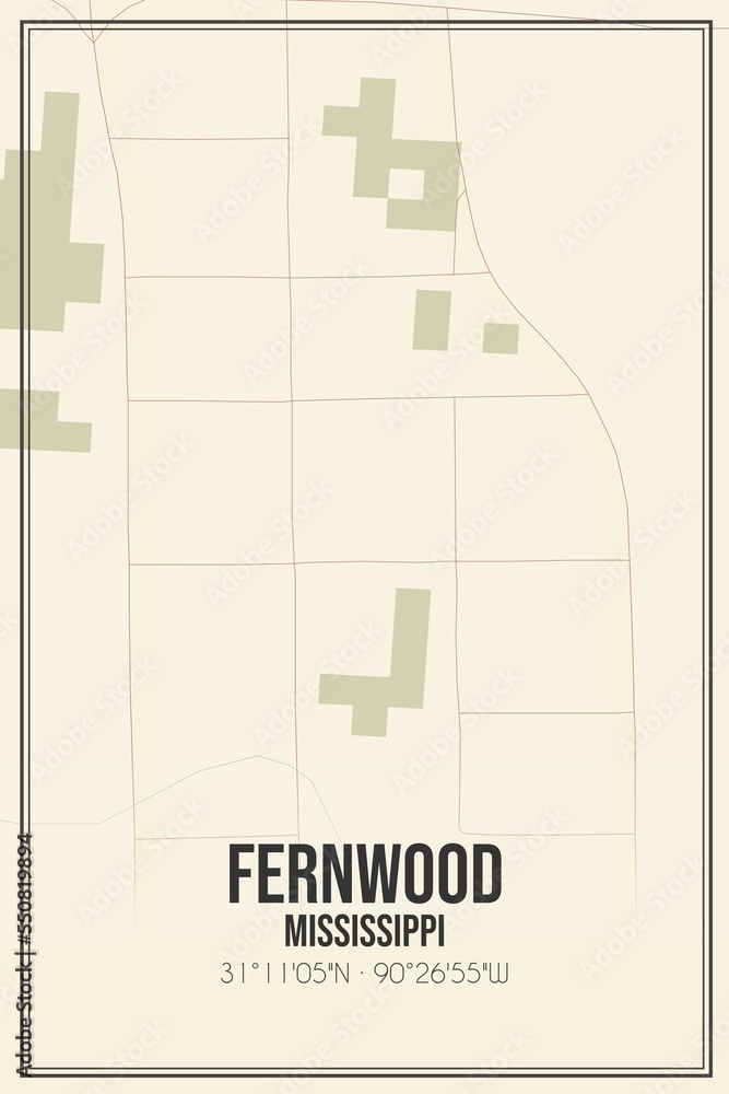 Fototapeta premium Retro US city map of Fernwood, Mississippi. Vintage street map.
