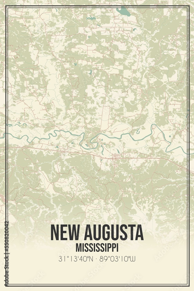 Retro US city map of New Augusta, Mississippi. Vintage street map.