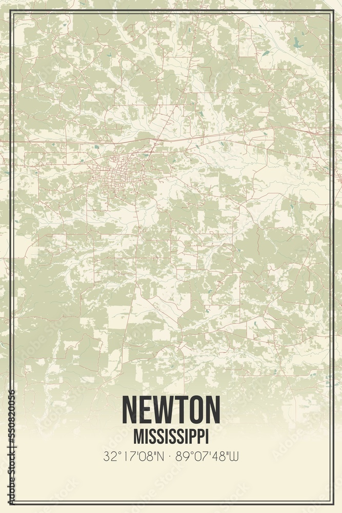 Retro US city map of Newton, Mississippi. Vintage street map.