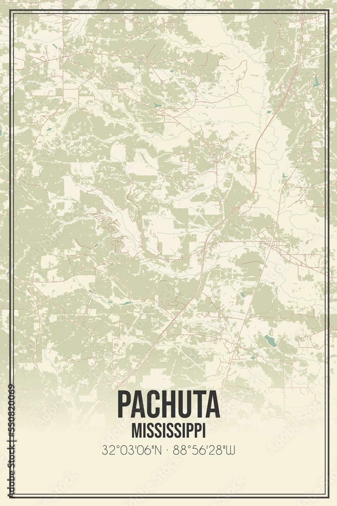 Retro US city map of Pachuta, Mississippi. Vintage street map.