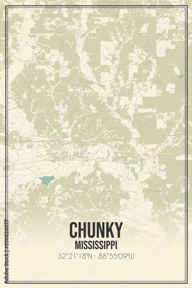 Fototapeta premium Retro US city map of Chunky, Mississippi. Vintage street map.