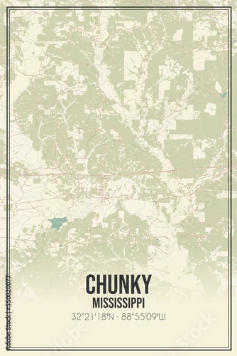 Retro US city map of Chunky  Mississippi. Vintage street map.