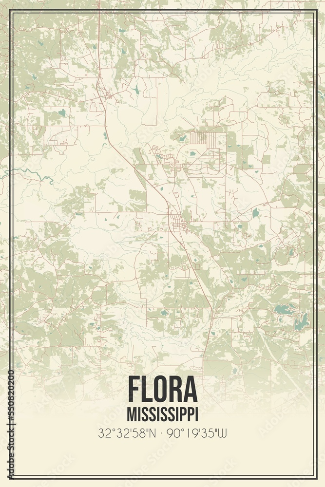 Retro US city map of Flora, Mississippi. Vintage street map.