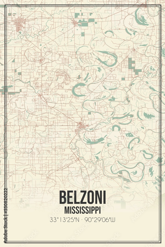 Retro US city map of Belzoni, Mississippi. Vintage street map.