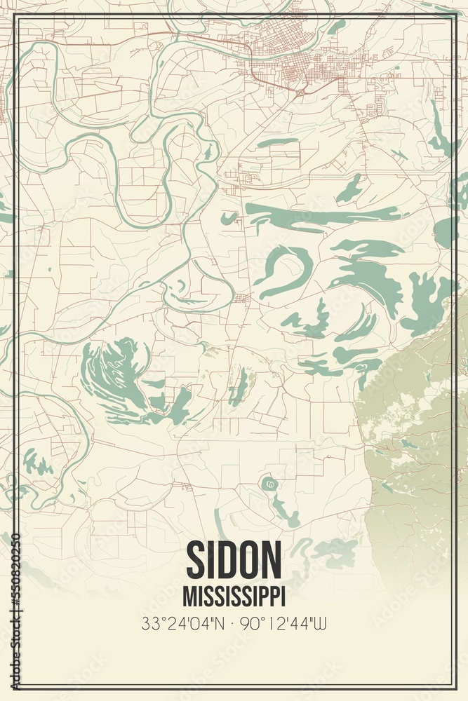 Retro US city map of Sidon, Mississippi. Vintage street map.