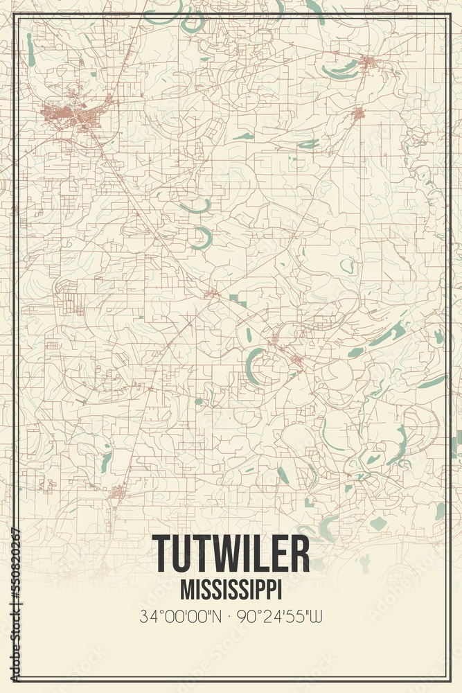 Retro US city map of Tutwiler, Mississippi. Vintage street map.