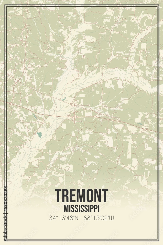 Retro US city map of Tremont, Mississippi. Vintage street map.