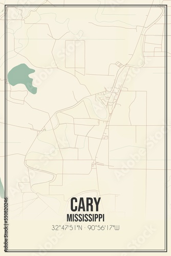 Retro US city map of Cary  Mississippi. Vintage street map.