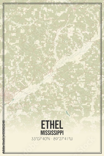 Retro US city map of Ethel, Mississippi. Vintage street map. photo