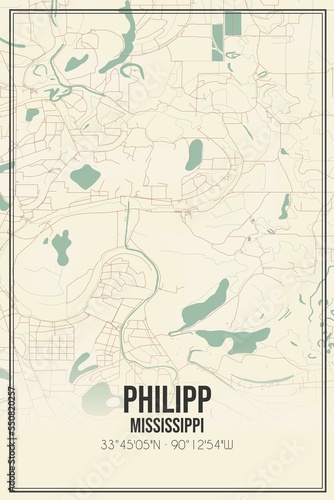 Retro US city map of Philipp  Mississippi. Vintage street map.