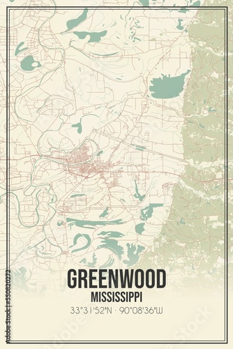 Retro US city map of Greenwood, Mississippi. Vintage street map. © Rezona