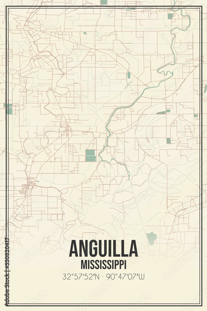 Retro US city map of Anguilla, Mississippi. Vintage street map.