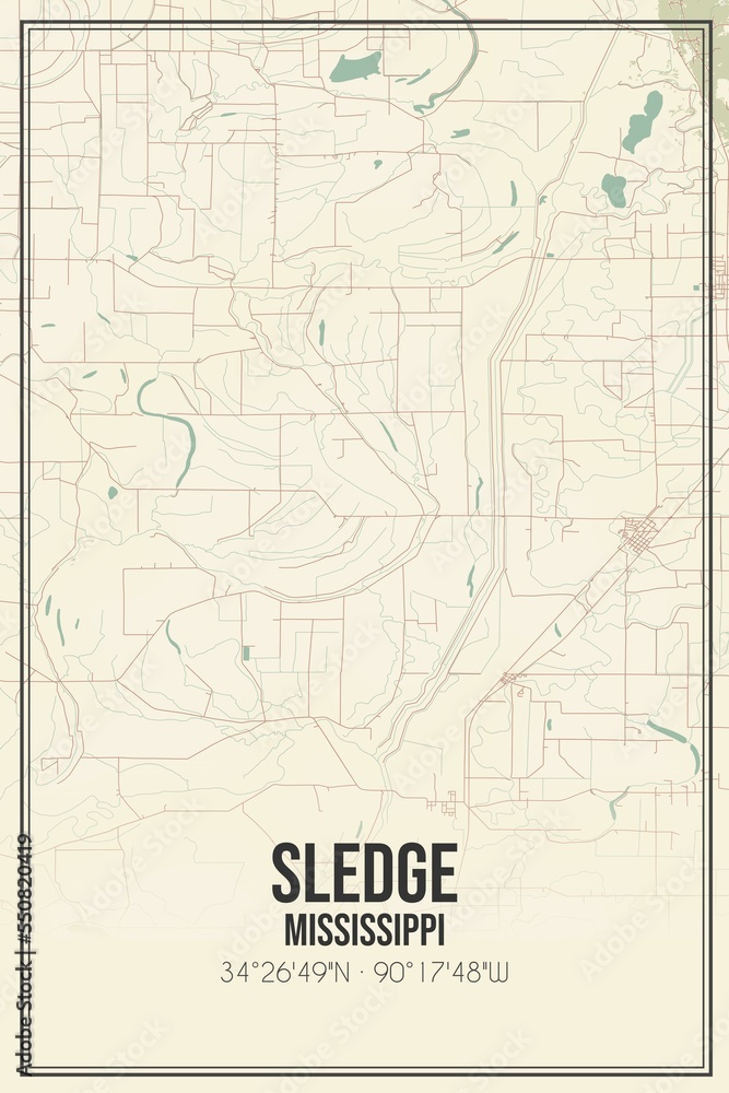 Retro US city map of Sledge, Mississippi. Vintage street map.