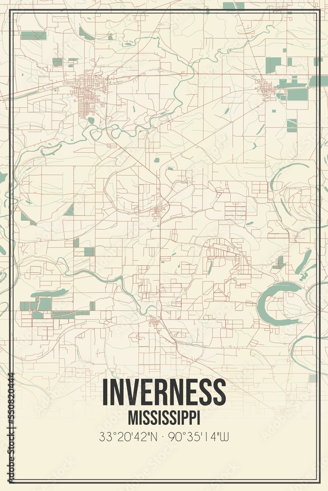 Obraz premium Retro US city map of Inverness, Mississippi. Vintage street map.