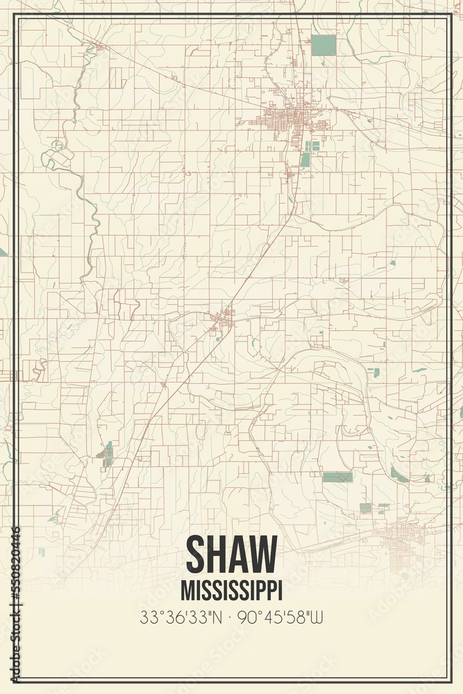 Retro US city map of Shaw, Mississippi. Vintage street map.