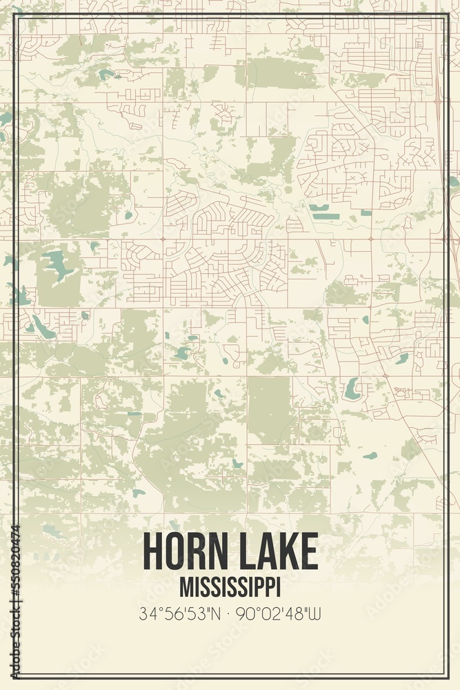 Retro US city map of Horn Lake, Mississippi. Vintage street map.
