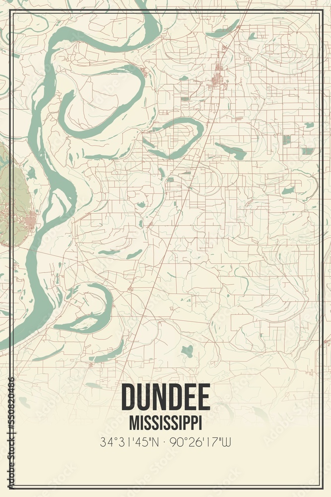 Retro US city map of Dundee, Mississippi. Vintage street map.